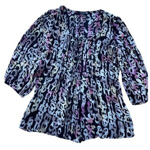 Forever 21 Animal Print Pleated Button Blouse 3/4 Button Sleeve Scoop Neck S